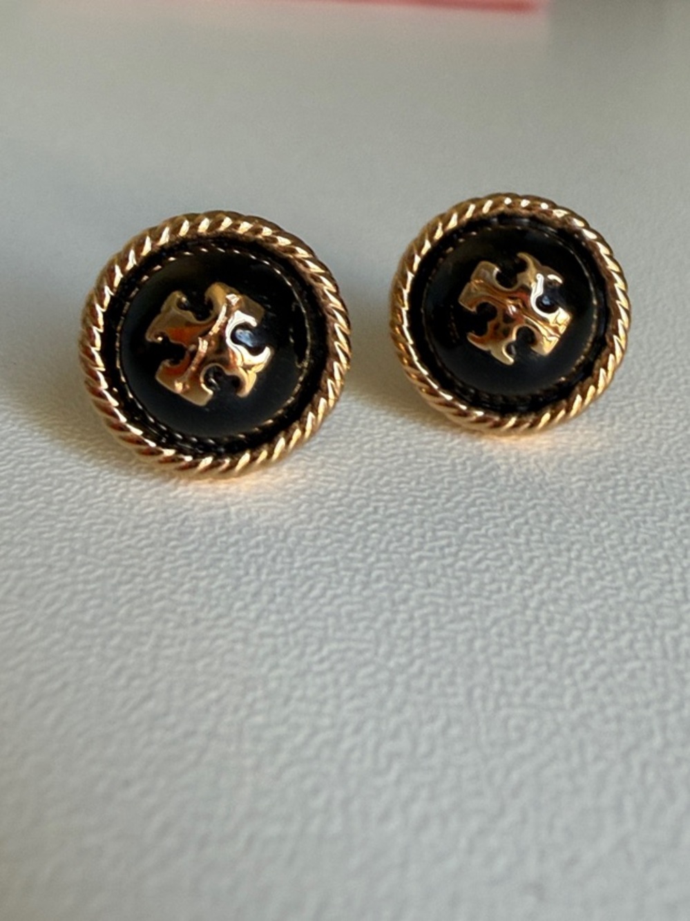 Tory Burch Gold and Black Round Logo Stud Earrings
